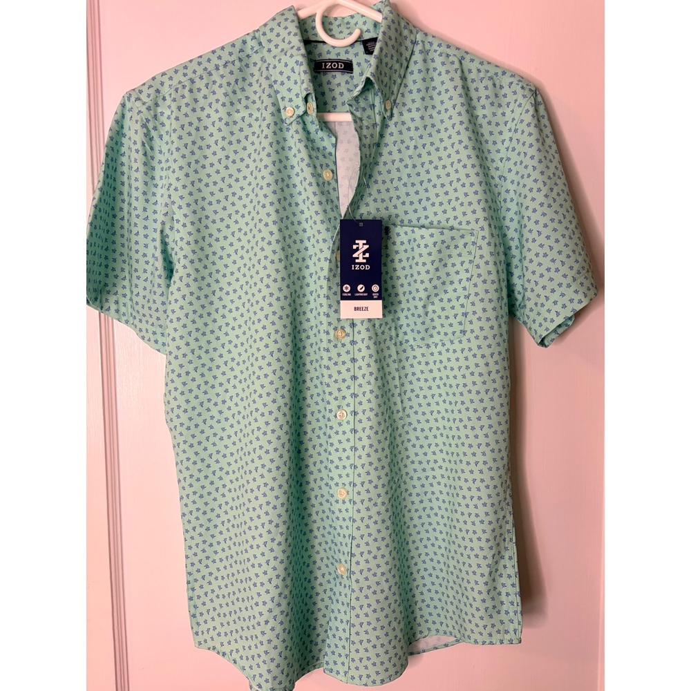 IZOD Breeze Mens Small Mint Green Blue Turtle Print Short Sleeve Button Down